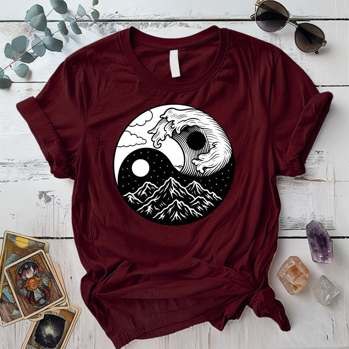 Mystic Tides and Peaks T-Shirt Mockup Maroon