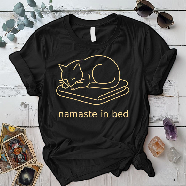 Namaste In Bed Cat T-Shirt Mockup Black