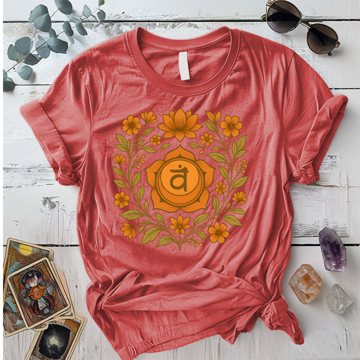 Retro Floral Sacral Chakra T-Shirt Mockup Coral Silk