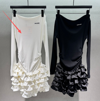 Miumiu 2026 Off-the-shoulder Tiered Dress Black and White Cotton