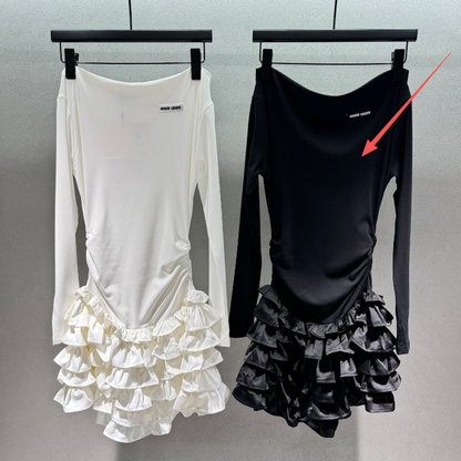 Miumiu 2026 Off-the-shoulder Tiered Dress Black and White Cotton
