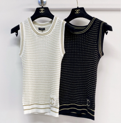 Chanel 2026 Knit Vest Cream and Navy Blue Tencel Nylon