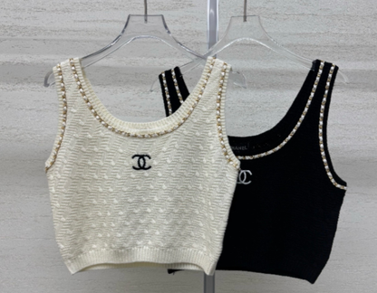 Chanel 2026 Sleeveless Knit Top Cream and Black Wool 356946