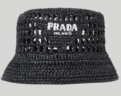 Prada Raffia Woven Black Bucket Hat