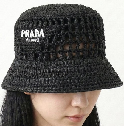 Prada Raffia Woven Black Bucket Hat