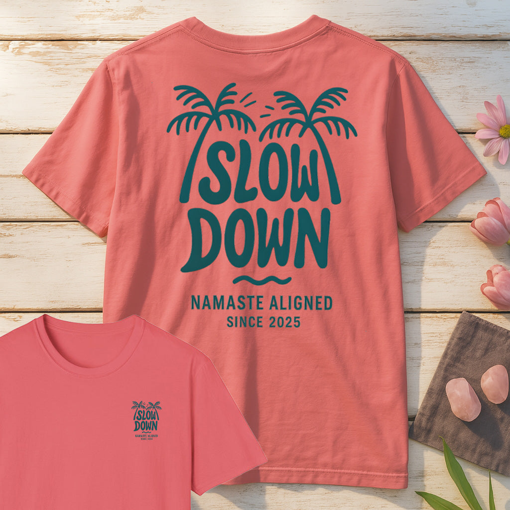 Slow Down Namaste Aligned T-Shirt Mockup sport-grey