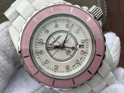 J12 PINK BEZEL WHITE DIAL DIAMOND NUMERALS 33MM