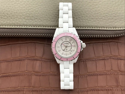 J12 PINK BEZEL WHITE DIAL DIAMOND NUMERALS 33MM