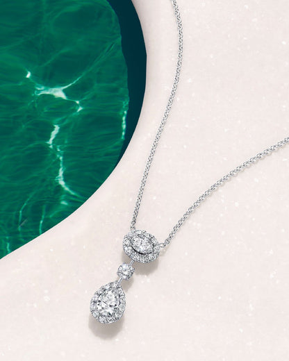 OVAL AND PEAR SHAPE SILVER DIAMOND DROP NECKLACE