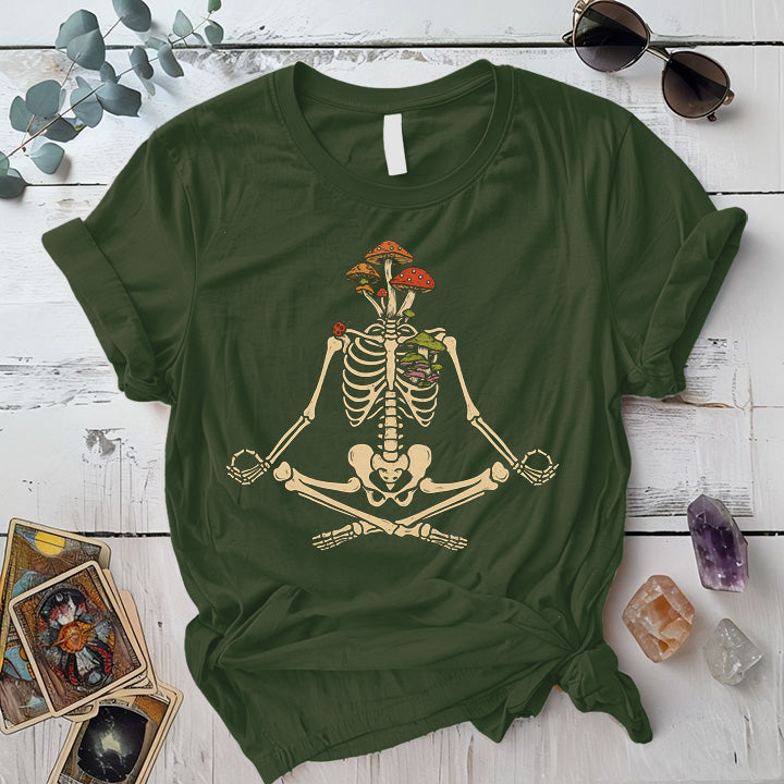 Yoga Mushroom Skeleton T-Shirt Mockup Military Green