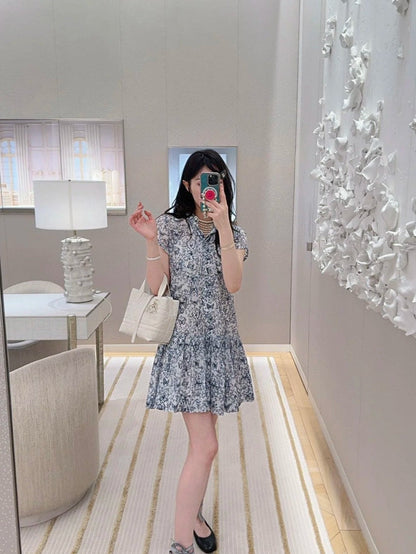 CD Short Dress White Cotton Muslin with Blue Butterfly Motif