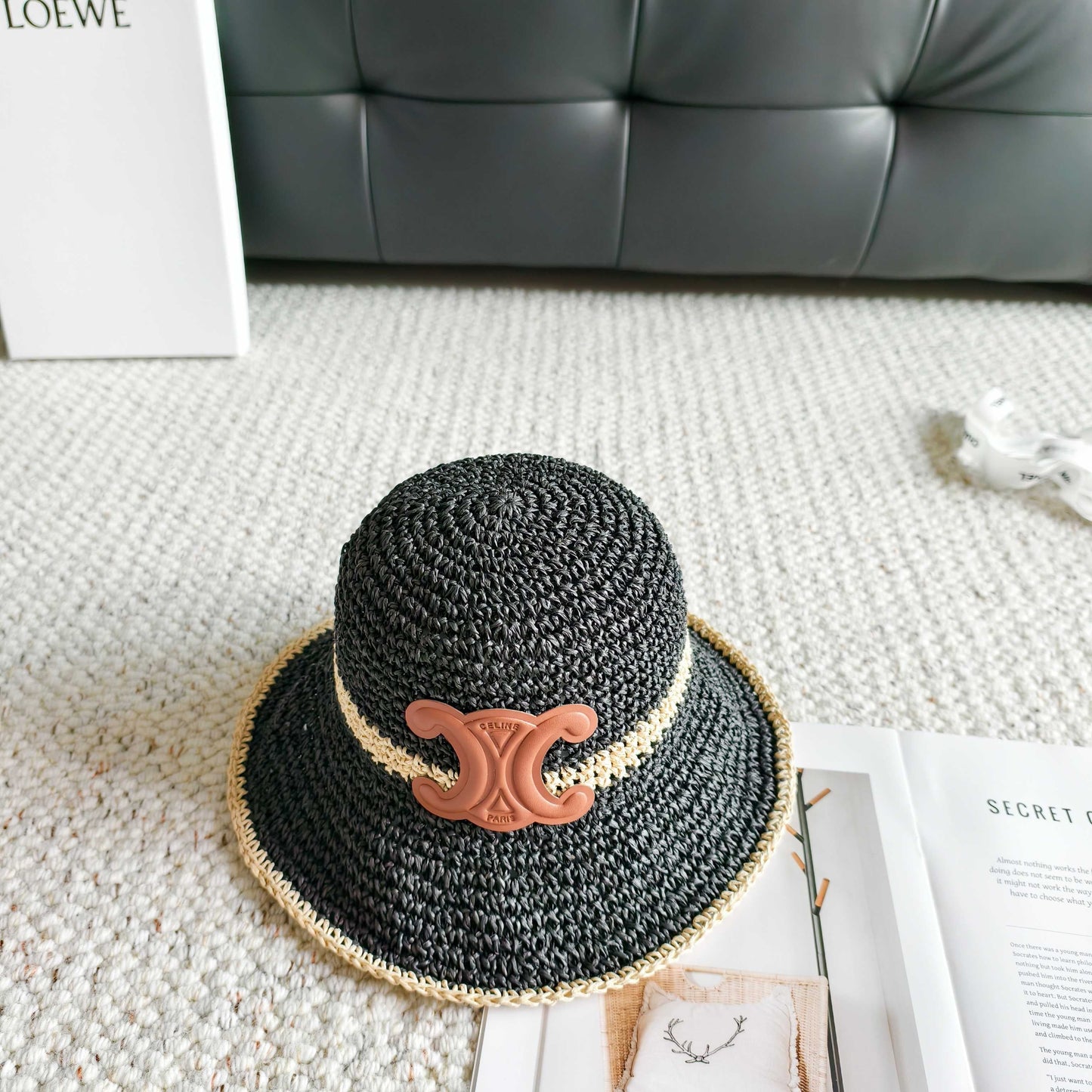 Celine Arc de Triomphe Bucket Hat Woven Leather 237207