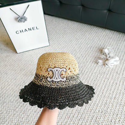 Celine Hollow-out Woven Arc de Triomphe Straw Bucket Hat 322140