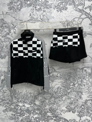 CD 25 Checkerboard Contrast Ribbon Casual Suit Polyester