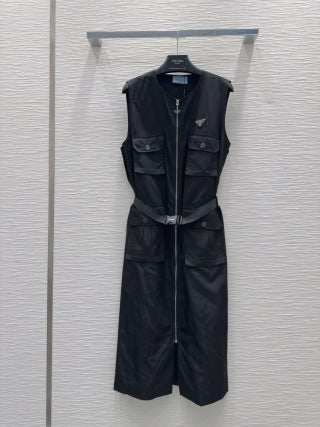 Prada 2025 Sleeveless Zipper Dresses Blue and Black Poliamide