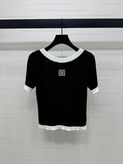 Chanel 2026 Embroidered Logo Knit Short-sleeved Top Wool 373087