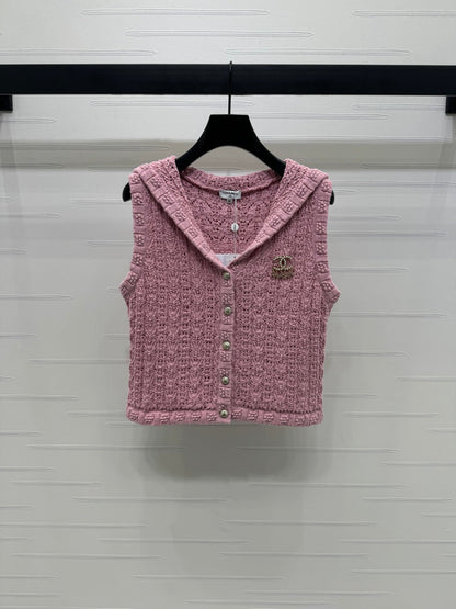 Chanel 2026 Shawl-neck Crochet Knit Sleeveless Vest 366326