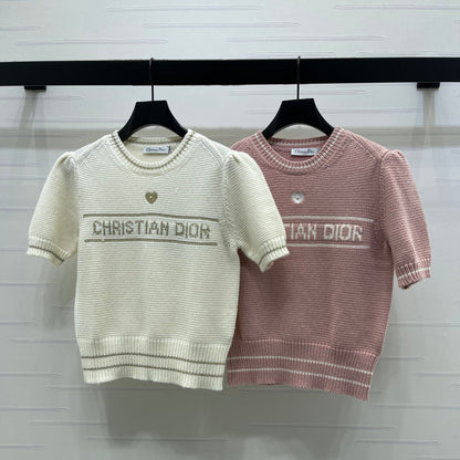 Dior 2026 Pearl Letter Knit Puff Sleeve T-shirt Wool