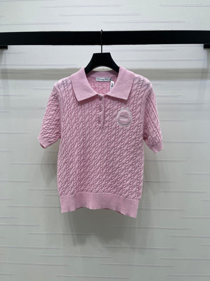 Dior 2026 Collared Cable Knit Short-Sleeve T-Shirt Wool