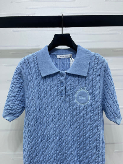Dior 2026 Collared Cable Knit Short-Sleeve T-Shirt Wool