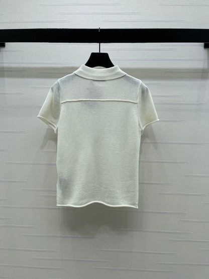 Miumiu 2026 Collared Knit Short-sleeved Sweater Cream and Gray Cashmere