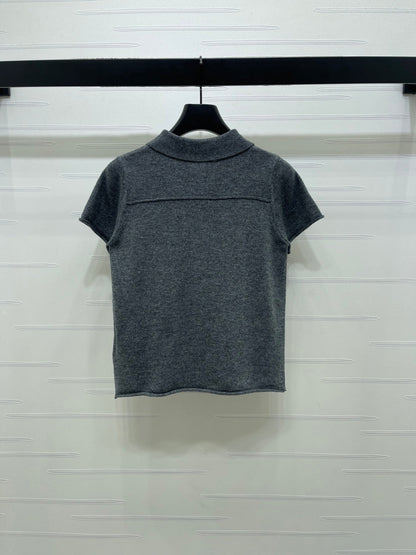 Miumiu 2026 Collared Knit Short-sleeved Sweater Cream and Gray Cashmere