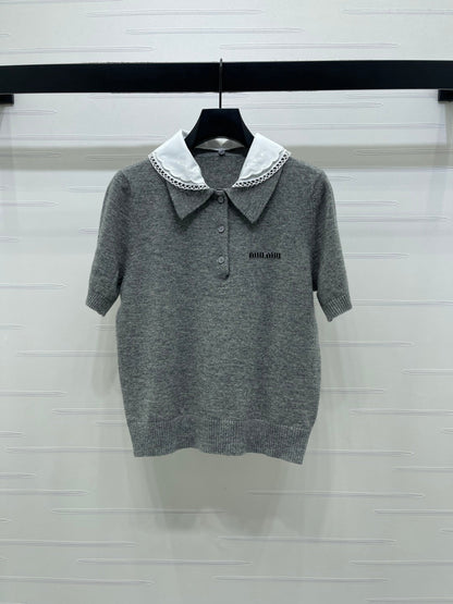 Miumiu 2026 Pan Collar Knit Short-Sleeve T-Shirt Gray and Navy Blue Wool