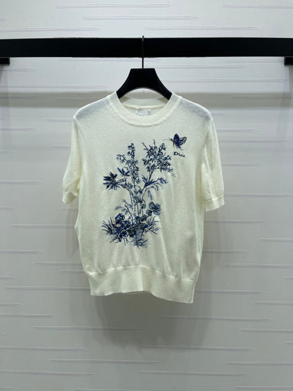 Dior 2026 Floral Embroidered Butterfl Short-Sleeve T-Shirt Wool