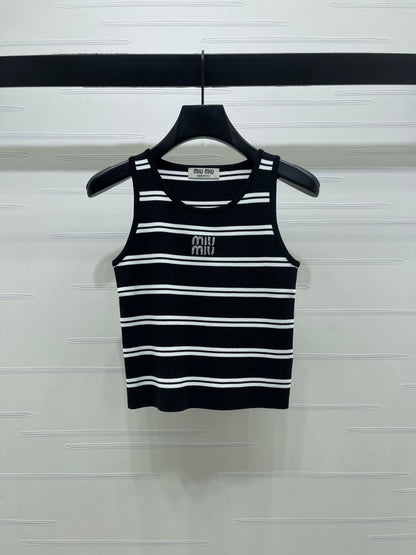 Miumiu 2026 Crew Neck Striped Knit Vest Black and White Wool 352631