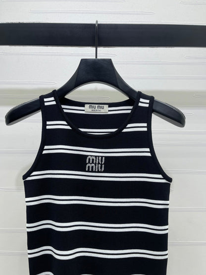 Miumiu 2026 Crew Neck Striped Knit Vest Black and White Wool 352631