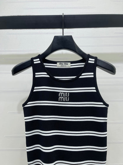 Miumiu 2026 Crew Neck Striped Knit Vest Black and White Wool 352631