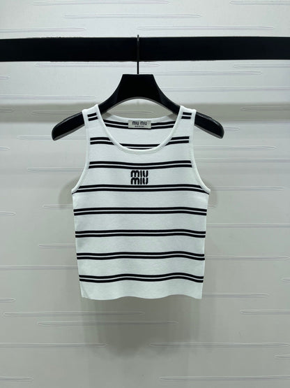 Miumiu 2026 Crew Neck Striped Knit Vest Black and White Wool 352631
