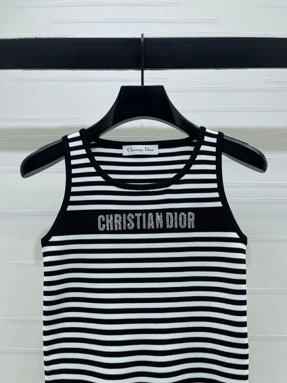 Dior 2026 Striped Letter Crew Neck Knit Vest Black and White Wool
