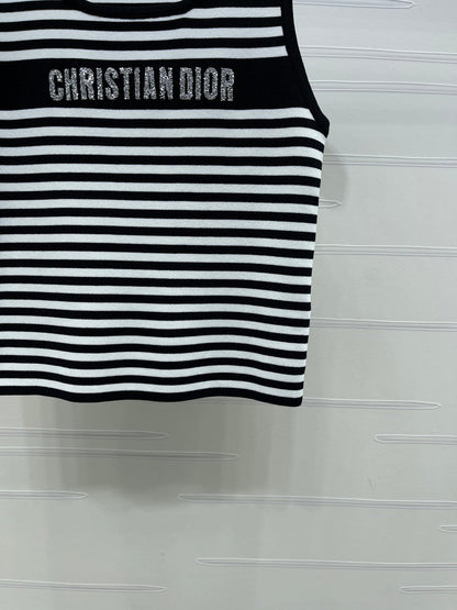 Dior 2026 Striped Letter Crew Neck Knit Vest Black and White Wool