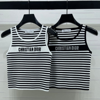 Dior 2026 Striped Letter Crew Neck Knit Vest Black and White Wool