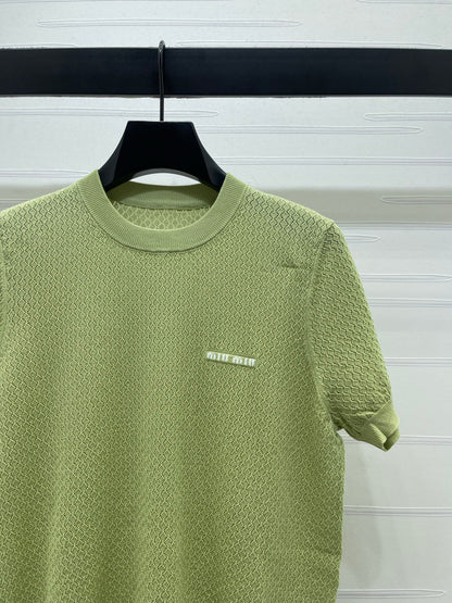 Miumiu 2026 Crew Neck Knit Short-Sleeve Shirt with Letter Logo Tencel