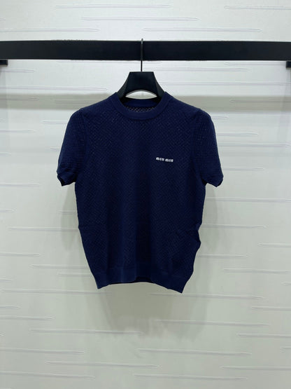 Miumiu 2026 Crew Neck Knit Short-Sleeve Shirt with Letter Logo Tencel