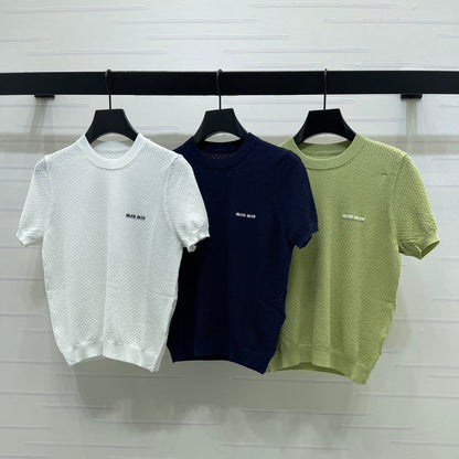 Miumiu 2026 Crew Neck Knit Short-Sleeve Shirt with Letter Logo Tencel