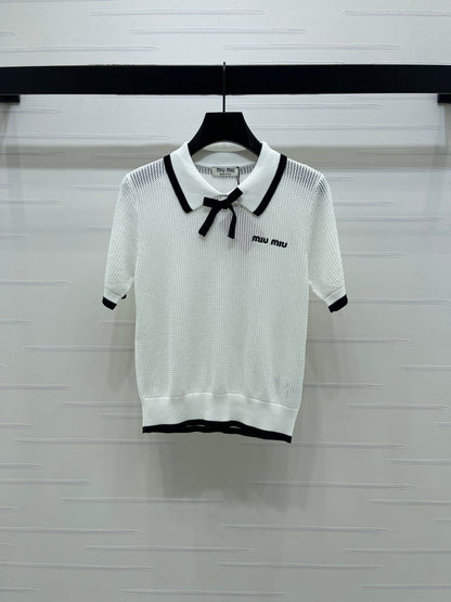 Miumiu 2026 Hollow-out Collar Knit Short-sleeved Top Wool Cashmere