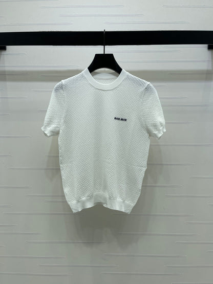 Miumiu 2026 Crew Neck Knit Short-Sleeve Shirt with Letter Logo Tencel