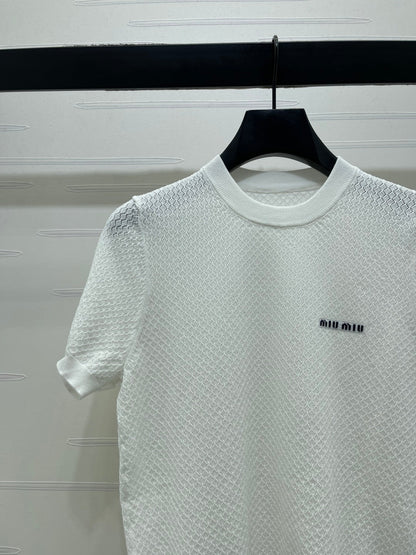 Miumiu 2026 Crew Neck Knit Short-Sleeve Shirt with Letter Logo Tencel