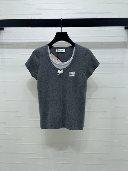 Miumiu 2026 Faux Two-piece Round Neck Knit Short-sleeved Top Wool 344359