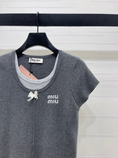 Miumiu 2026 Faux Two-piece Round Neck Knit Short-sleeved Top Wool 344359