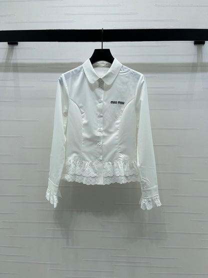 Miumiu 2026 Lace Embroidered Long-Sleeve Shirt Black and White Polyester 356380