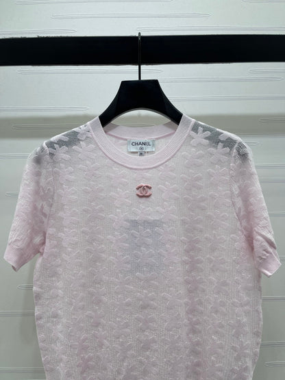 Chanel 2026 Floral Pattern Knit Short-Sleeve T-Shirt Wool 355636