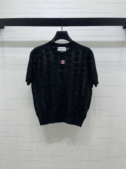 Chanel 2026 Floral Pattern Knit Short-Sleeve T-Shirt Wool 355636