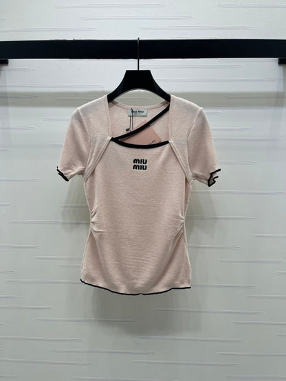 Miumiu 2026 Square Neck Knit Short-Sleeve Top Wool Cashmere 355575