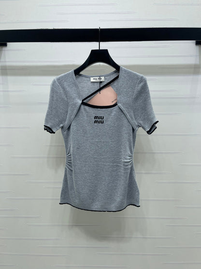 Miumiu 2026 Square Neck Knit Short-Sleeve Top Wool Cashmere 355575