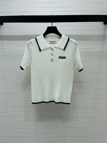 Miumiu 2026 Polo Shirt White and Navy Blue Wool Cashmere 356501