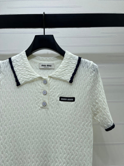 Miumiu 2026 Polo Shirt White and Navy Blue Wool Cashmere 356501